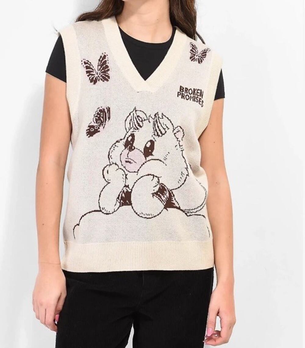 Broken Promises Sweater Vest S Cream Graphic Bear Butterfly V Neck Knit Cotton